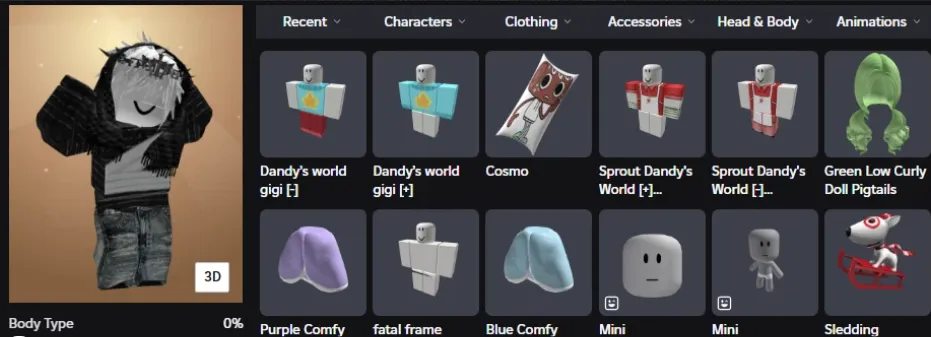 RBL2956 54.3K Robux Spend Total Account with Dandys World Gigi, Cosmo, Sprout Dandys World, Purple Comfy, Green Low Curly Doll Pigtails and 3K Robux Permanent Kitsune